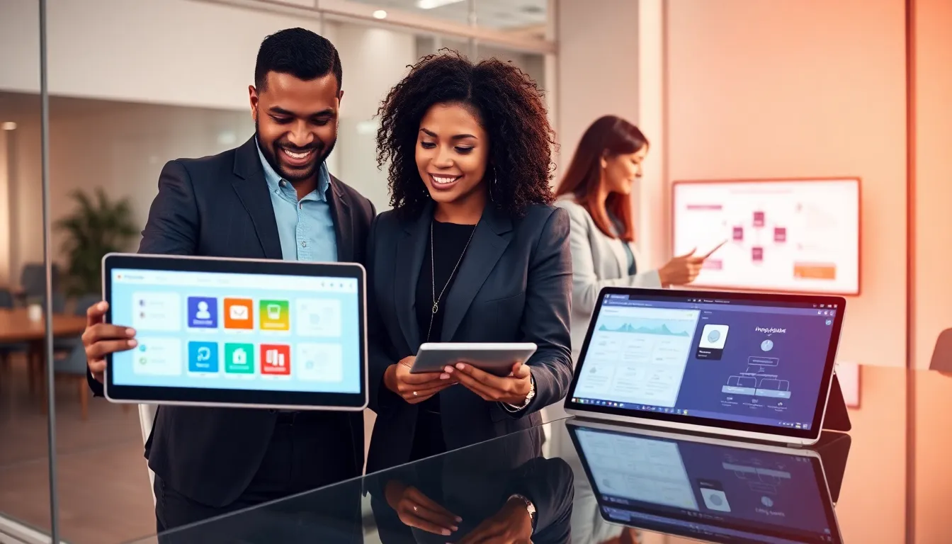 professionals collaborating on low code platforms in a modern office.