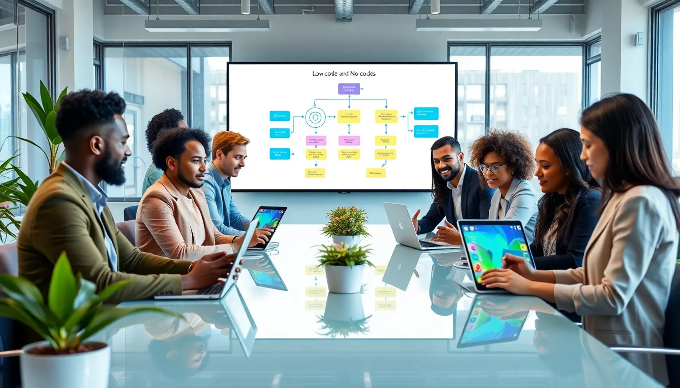 diverse team creating applications using low code and no code platforms.