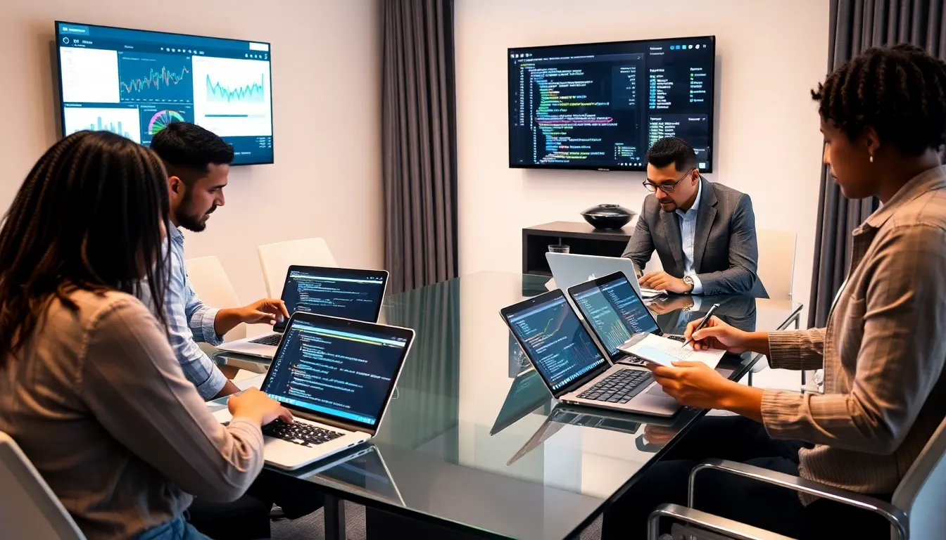 professionals collaborating on data science projects in a modern office.