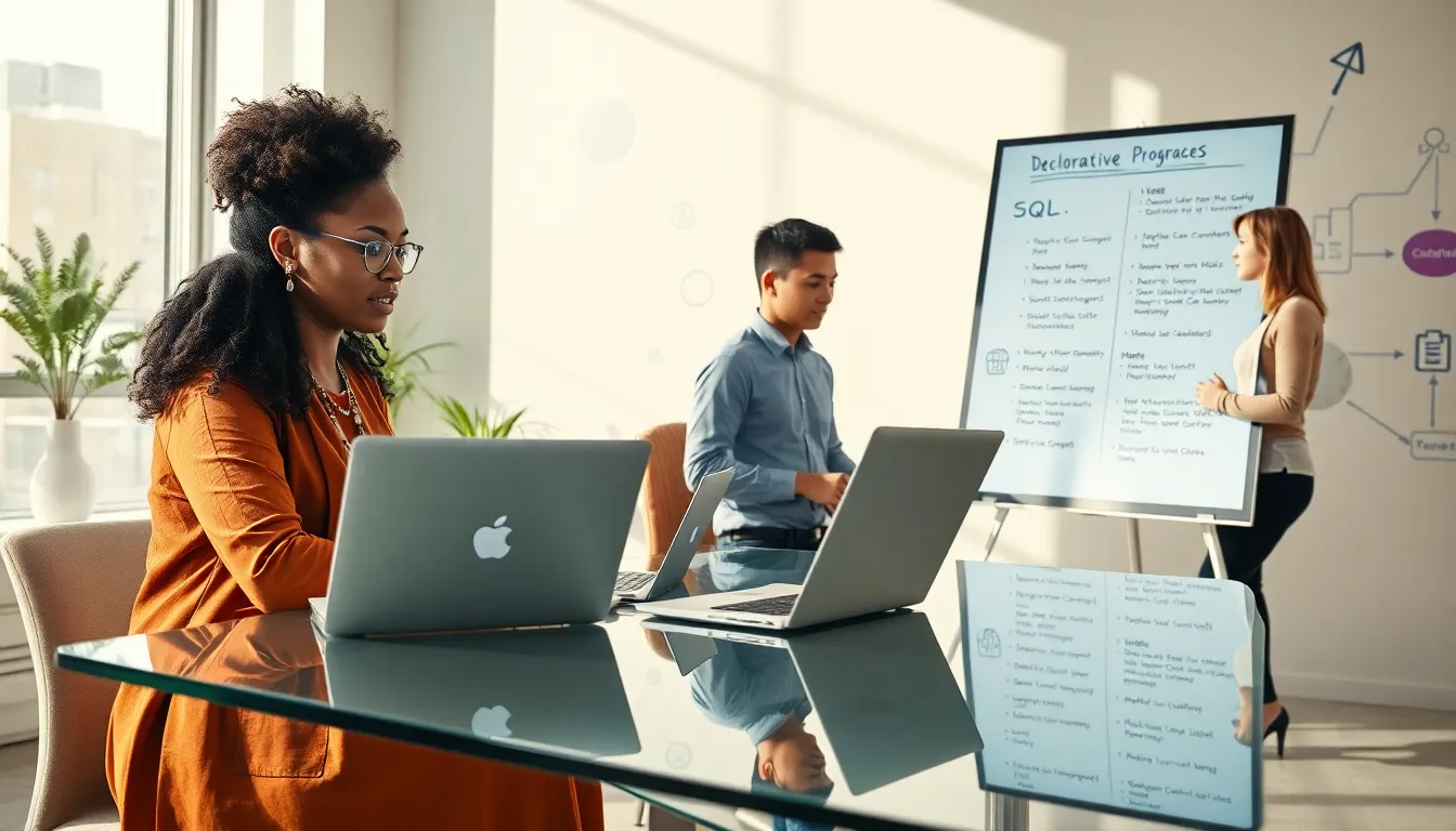 diverse team discussing declarative programming in a modern office.