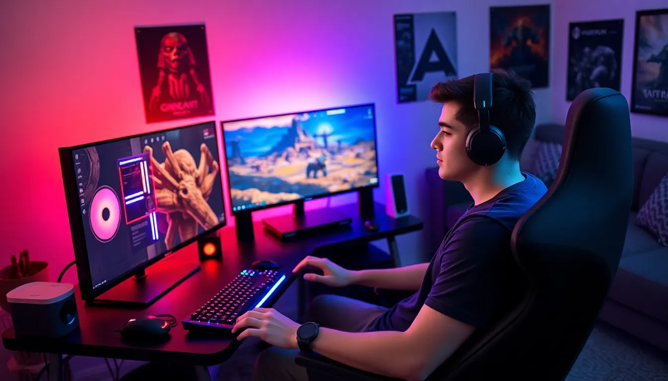 A gamer immersed in a colorful PC gaming setup at home.