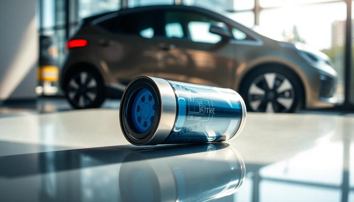 a close-up of a high-tech lithium-ion battery with modern electric vehicle in the background.